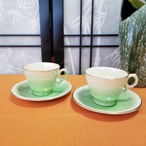 Royal Winton Grimwaldes Pearlescent/Lusterwa Green & Gold Cup & Saucer Set of 2